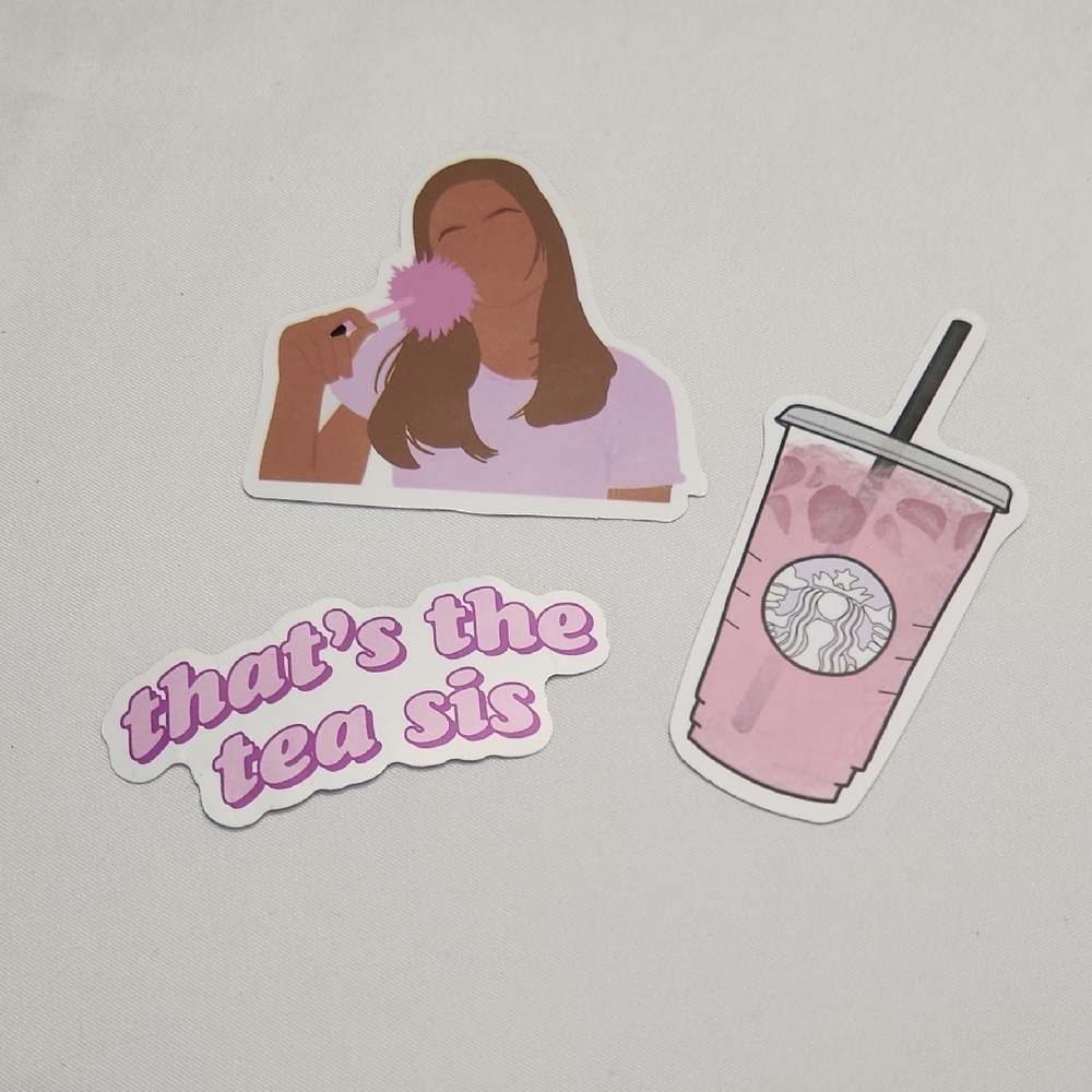 Set of 3 Pink Aesthetic Vinyl Stickers – Starbucks Cup, “That’s the Tea Sis”